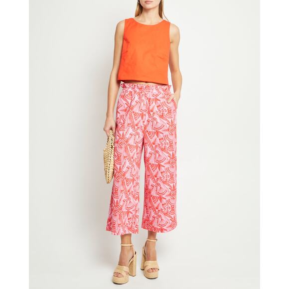 kourt Sienna Pink Orange Tropical Cropped Wide Leg Cool Cotton Relaxed Pants S - Picture 1 of 8